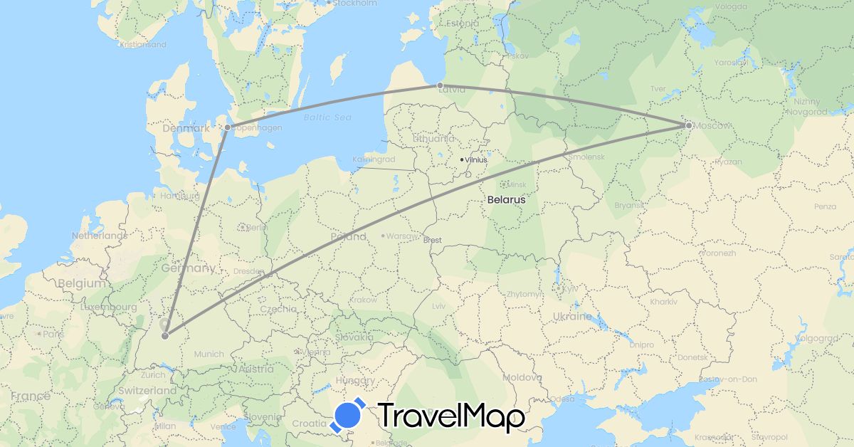 TravelMap itinerary: driving, plane in Germany, Denmark, Latvia, Russia (Europe)